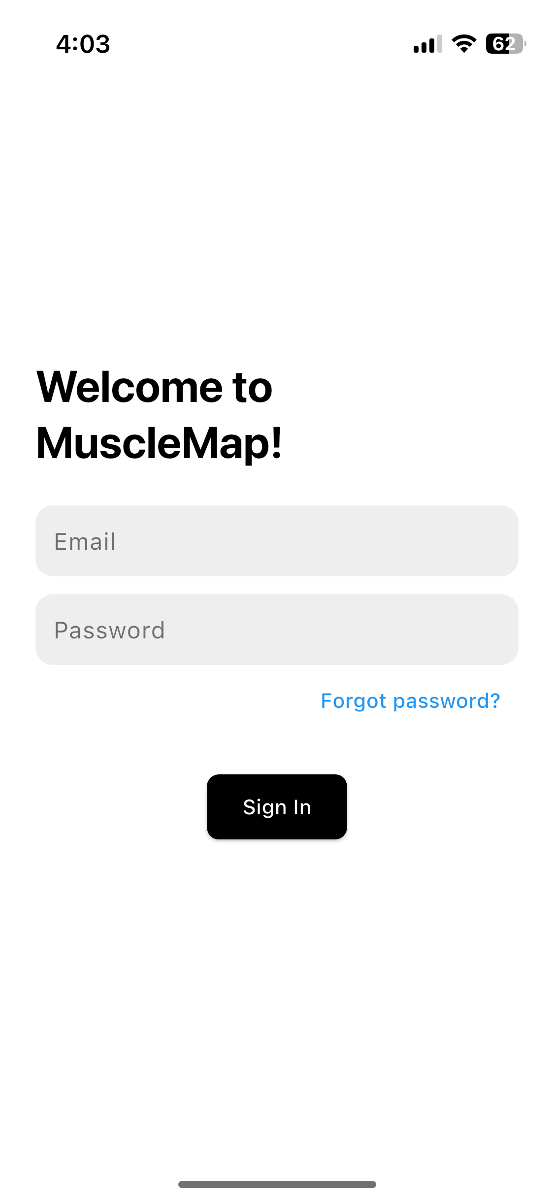 MuscleMap iOS app sign-in screen